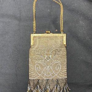 French Fringed Glass Bead Flapper Purse, Paisley Evening Bag, 12.5"